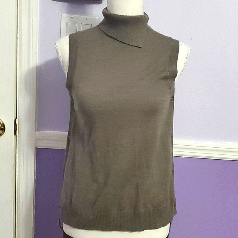 The Limited Boho Dark Taupe High Neck Buttoned Merino Wool Blend Overlay Top XS